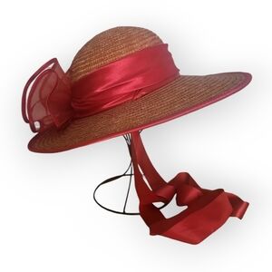 Michaela Tan Straw Wide Brim Hat Red Satin Band Bow
